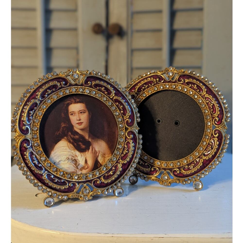 Enameled picture frames with rhinestone surrounds easel back
